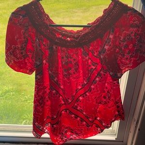 Rue 21 red and blue blouse, Lacey.